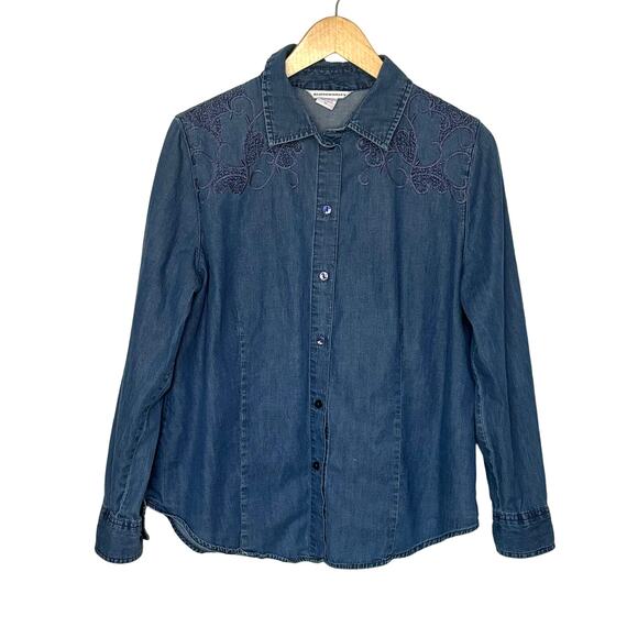 Allison Daley Wms Large Button Up Blue Chambray Shirt Embroidered Classic - Picture 1 of 9